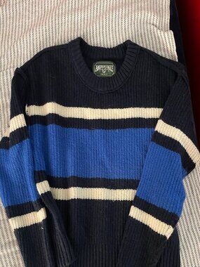 American Eagle Ridiculously Soft Striped Crop Crewneck Sweater Navy Blue Cream